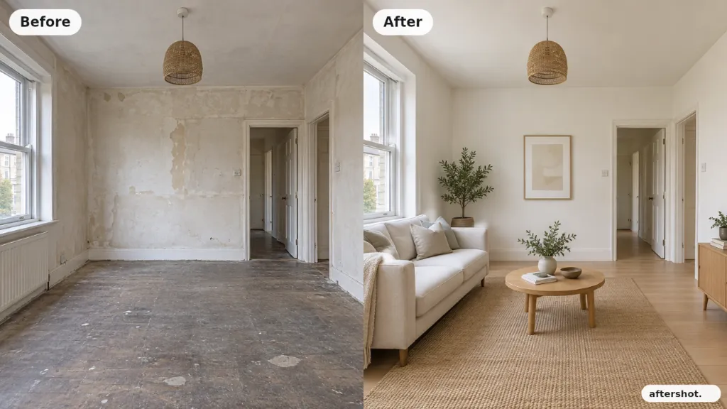 An example Aftershot photo: a room before and after renovation, shown side by side.